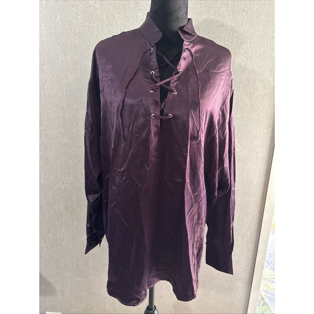 Vintage ZAVA USA Plum Satin Lace Up Blouse Tunic L Grommet Long Sleeve Y2K